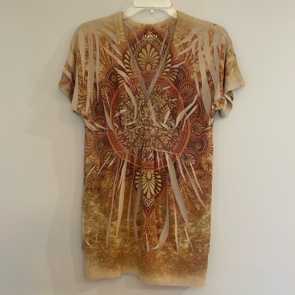 Pretty Good Y2k Short Sleeve Knit Tunic Light Sweater Top Boho Festival Print XL